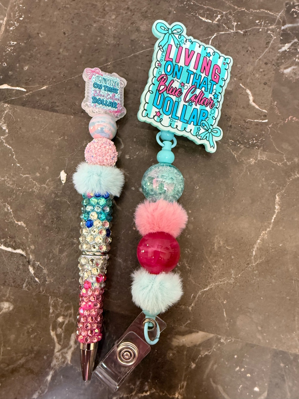 Living on That Blue Collar Dollar Rhinestone Beaded Pen and Matching Badge Reel